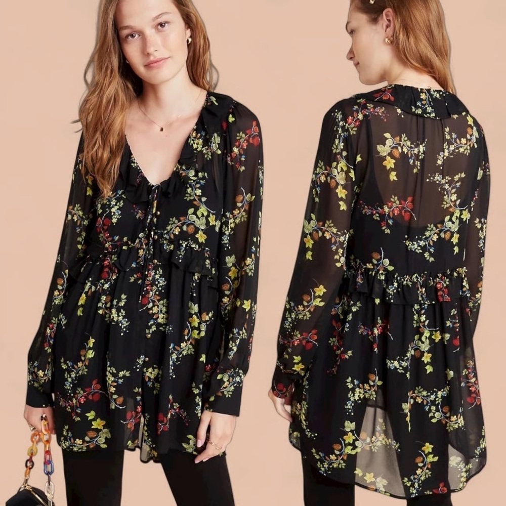 Anthropologie Jamison Black Floral Sheer Tunic Whimsigoth feminine romantic boho